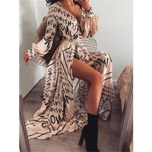 Boho Printed Floral Long Maxi Dress Women Female Casual Loose Ankle-Length Empire V-Neck Long Splits Dress Vestidos Party Dress