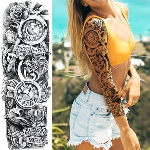 3D Black Bell Clock Temporary Tattoos For Men Women Body Art Full Arm Sleeve Tatoo Summer Waterproof Fake Flower Tattoo Stickers