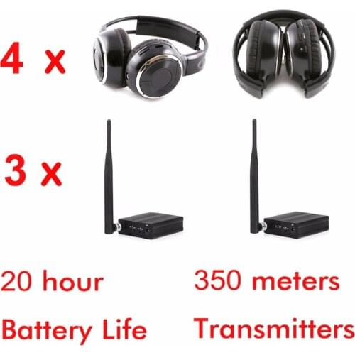 Professional Silent Disco Sound System Headphones and RF Wireless headsets - 4 folding Headphones + 3 Transmitters