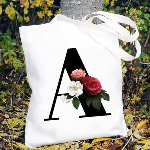 Flower Letter A-Z Print Bag Female Fashion Shoulder Bag Black Large Capacity Canvas Bags Wild Travel Bag Women Shopping Tote Bag