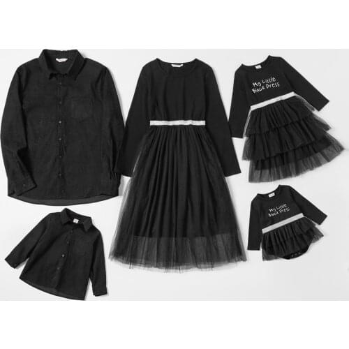 PatPat Mosaic Family Matching Black Series Cotton Sets（Net Yarn Dresses - Solid Button Front Shirts