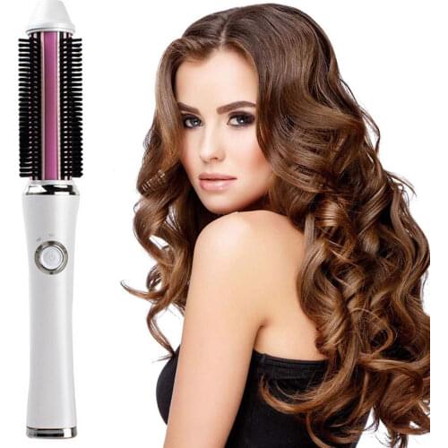 Curling Iron Brush Portable Rechargeable Ceramic Hair Curler Straightener Hot Comb with 3 Heating Settings for Women Girls Gift