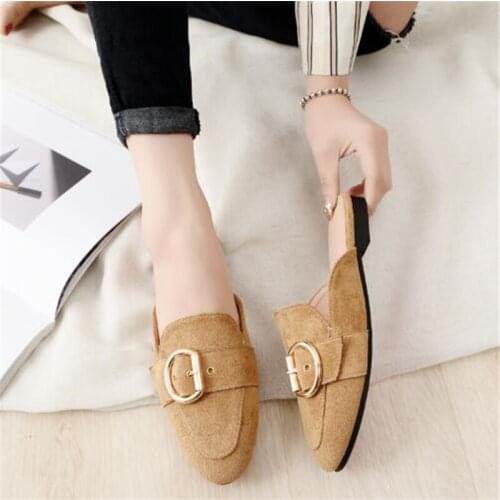 Womens Autumn Lazy Slippers Suede Toe-covered Shoes Casual Women Mules Shoes Female Flat Slides Ladies Flip Flops Big Size 43