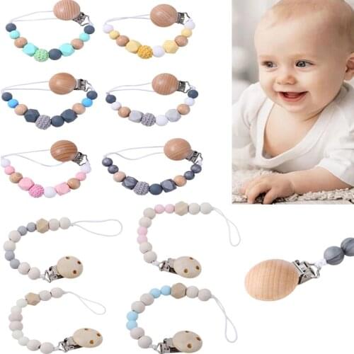 Baby Pacifier Clips Silicone Beads Wooden Ring Pacifier Chain Infant Nipple Appease Soother Chain Clips Dummy Holder Nipple Clip