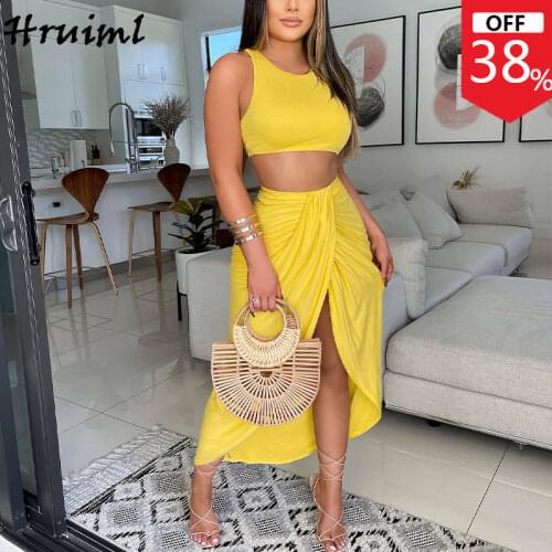Loungewear Women Tube Top Long Skirts Hem Split Ruched Summer Skirts Sets Yellow Sexy Fashion Party Club Suits for Women 2021