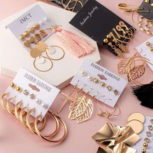 2020 Trend Vintage Pearl Earrings For Women Big Hoop Gold Crosses Crystal Earrings Set Long Tassel Dangle Drop Earrings Jewelry