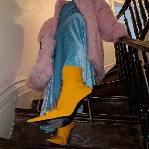 Winter Boots Mujer 2020 Retro High Heels Boots Women Gladiator Ankle Boots Pointed Toe Womens Boots Leather Womens Shoe