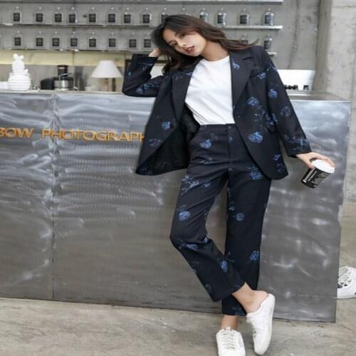 Women pant suits formal newstyle office suits for women loose casual print suit jacket with nine pants 2 piece outfits for women