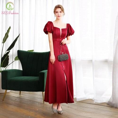 SSYFashion New Simple Wine Red Satin Evening Dress Banquet Elegant Backless Puff Sleeve Long Formal Gown Vestido De Noche