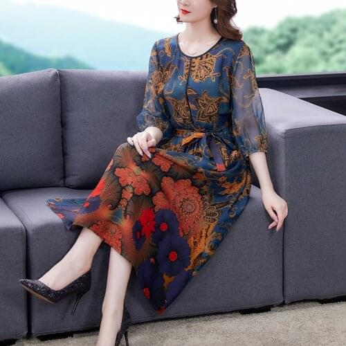 2021 Summer Vintage Print Mulberry Silk Midi Dress Women Casual Boho 3XL Plus Size Chiffon Dress Elegant Bodycon Party Vestidos
