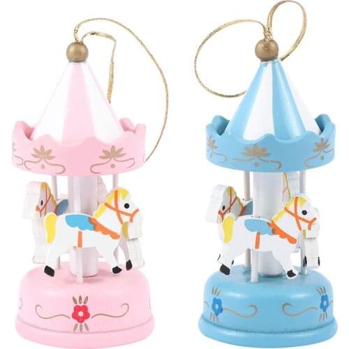 1pc Wood Pink Blue Mini Carousel Wood Horse Christmas Tree Hanging Pendant Ornaments Wooden Craft Birthday Party Xmas Decoration