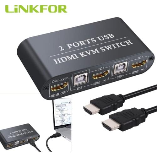 LiNKFOR USB HDMI Cable KVM Switch 2 In 1 Out Box Support 4K 30Hz Share 2 Computers With One Keyboard Mouse And One HD Monitor