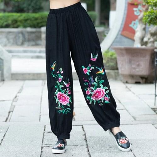 Ethnic Leisure 2021 Women Autumn Spring Bohemian Hippie Original Long Embroidery Denim Wide Leg Pant Trousers Chinese Clothing