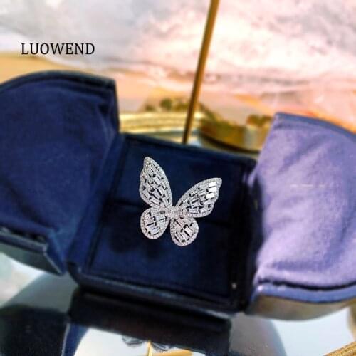 LUOWEND 100% Genuine 18K White Gold Ring Hyperbole Butterfly Shape 1.50ct Natural Diamond Ring for Women Wedding Eternity