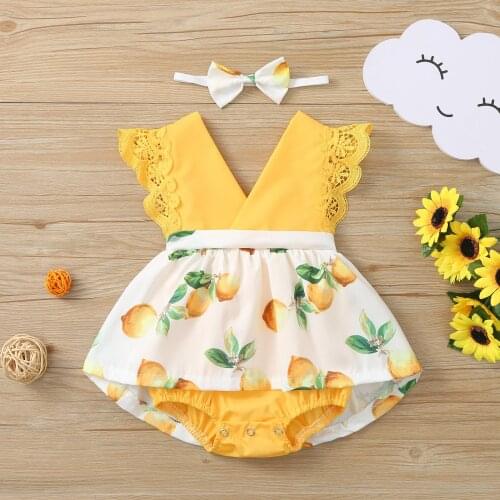 Summer Girl Baby Bodysuits Dress For Babies Lace Sleeveless Toddler Girl Clothes Outfits Lemon Print Girls Dress Newborns Outfit