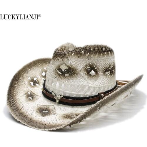 LUCKYLIANJI Womens Mens Unisexs Vintage Wide Brim Straw Sun Beach Western Cowgirl Cowboy Hat Cow Head Leather Band (58cm)