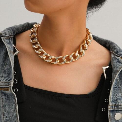 Fashion Punk Choker Necklace Popular Crystal Hip Hop Big Chunky Metal Golden Color Thick Chain Necklace Women Jewelry Gifts