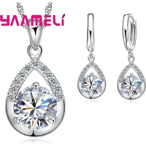 925 Sterling Silver Bridal Jewelry Sets Romantic Style Water Drop Austrian Crystal Women Engagement Necklace Earrings