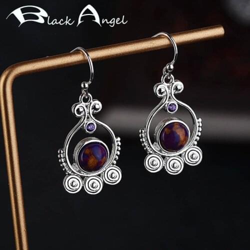 BLACK ANGEL 2020 New Charoite Purple Gemstone Vintage Thai Silver Clip Earrings for Women Fashion Jewelry Christmas Gift