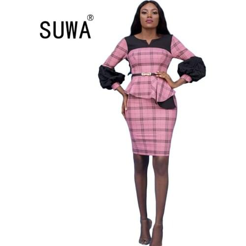 2020 Autumn Winter New Temperament Long-sleeved Dress African Plus Size Womens Stitching Puff Sleeve Office Wear Fashion Dress