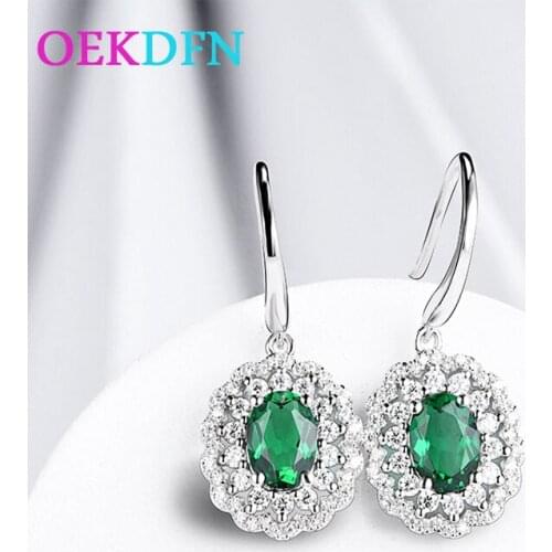 OEKDFN Real 925 Sterling Silver Earrings Emerald Created Moissanite Gemstone Drop Dangle Wedding Engagement Ear Fine Jewelry