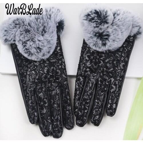 2021 Fashion Warm Winter Gloves Female Leather Gloves Rabbit Fur Wrist Mittens Womens Warm Gloves Luxury Design Guantes Mitts