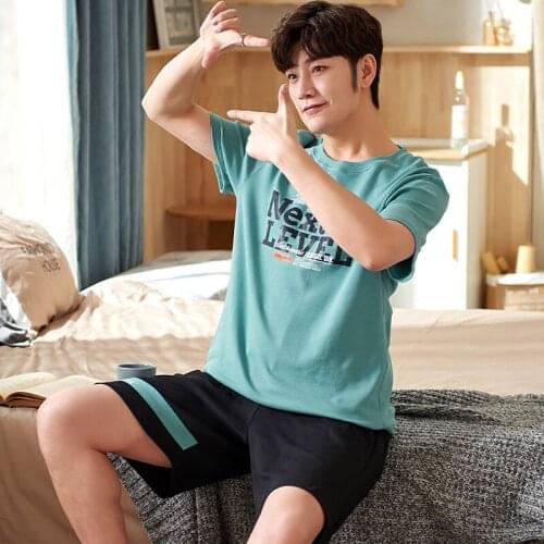 PURE Cotton Pullover Short Sleeve Pants Pajama Summer Boy Man Jammies O-Neck Home Cozy Casual Sleepwear Nightwear Pyjamas CKE