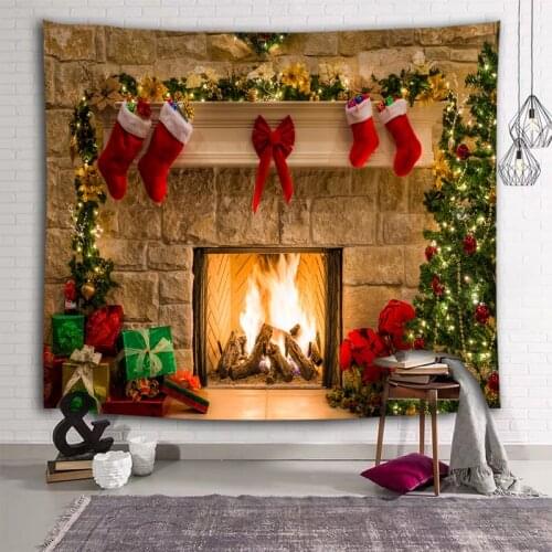 Christmas Tree Fireplace Print Tapestry Wall Hanging Background Cloth Decor Polyester Christmas Home Room Wall Decoration