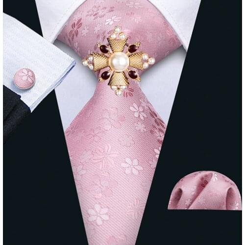 Pink Floral Tie For Men Formal Business Wedding Silk Necktie Brooch Set Man Accessories Geometric Jacquard Ties 3.35"/8.5cm