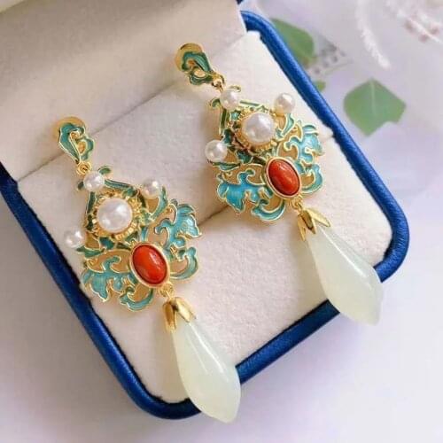 Natural Hetian White Magnolia enamel Porcelain Earrings Chinese Retro luxury elegant charm womens silver jewelry