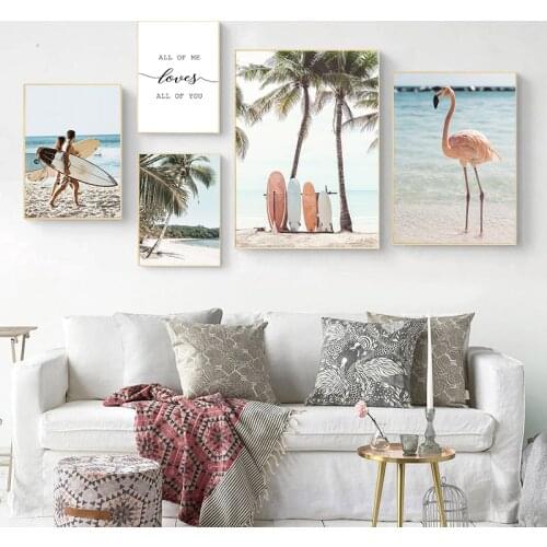 Nordic Green Coconut Lovers Surf Seascape Picture Modern Photography Printing Canvas Painting for Living Room Wall Decor Poster