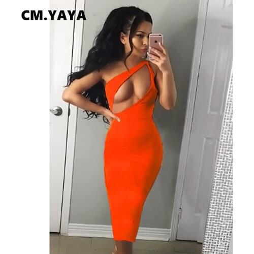 CM.YAYA Women Dress One Shoulder Sleeveless Hollow Out Sheath Elastic Ankle Length Dresses Sexy Night Club Dress Summer 2021