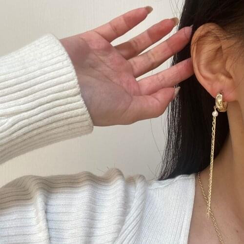 TIMEONLY French Imitation Pearl Shiny Crystal Tassel Earring Long Hollow Chain Dangle Earring for Women Girls Jewelry Elegant