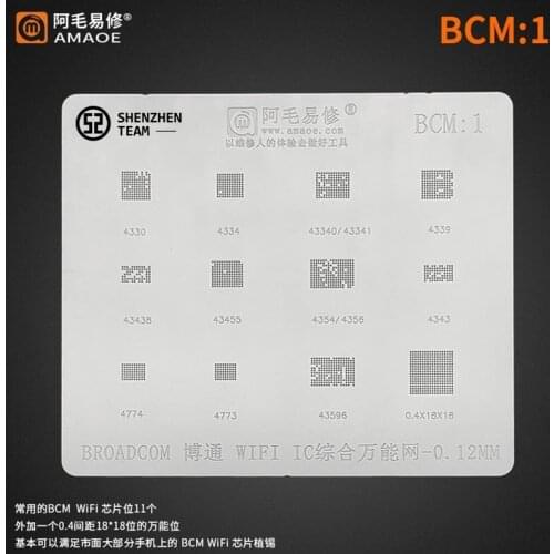 AMAOE Stencil BCM:1 BCM1 For BCM WIFI IC BCM4330 434 4356 BCM43596 4339 4343 BCM43455 4774 4773 BCM4354 43440 Reballing Stencil
