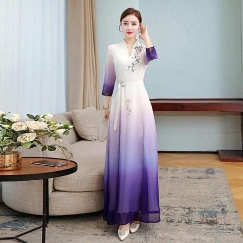 Improved Cheongsam Chinese Elegance Color-changing Three-quarter Sleeve Womens Hanfu V-neck Embroidered Belt Slim Women Dress