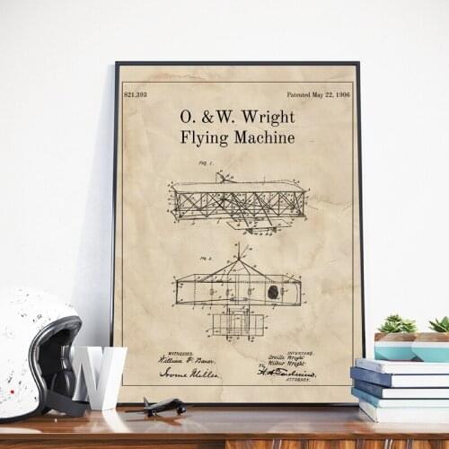 Wright Brothers Plane Patent Vintage Posters and Prints Plane Blueprints Gift Idea Wall Art Canvas Painting Office Home Decor
