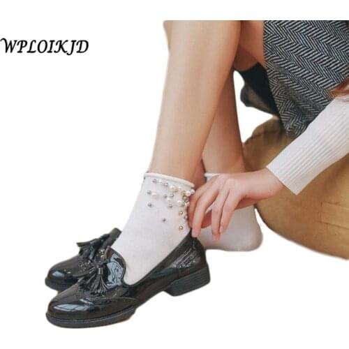 [WPLOIKJD]New Handmade Pearl Gold Silver Fashion Cute Cotton Edge Socks Women Funny Short Meias Girl Harajuku Calcetines Mujer