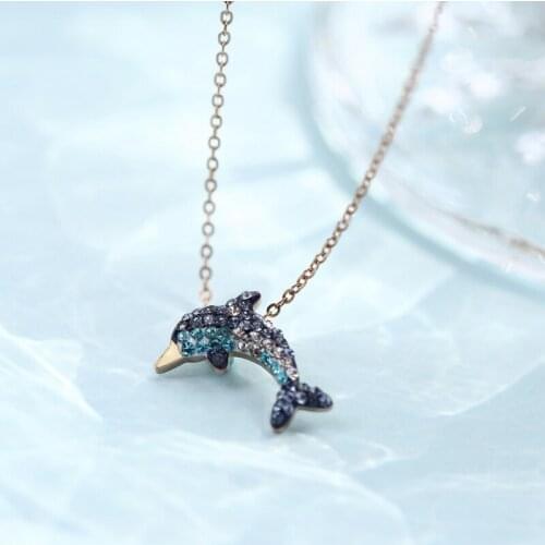 YUN RUO Rose Gold Color Pave Mosaic Crystal Dauphin Pendant Necklace Fashion 316 L Titanium Steel Jewelry Woman Gift Never Fade