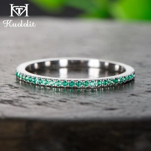 Kuololit Solid 100% Natural Emerald 10K White Gold Gemstone Rings for Women Band for wedding Bride Engagement Gifts Fine Jewelry