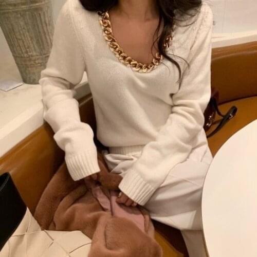 Gold Chain V Neck Women Knitted Sweater European Style Casual Long Sleeve Pure Color Hot Fashion Knitwear