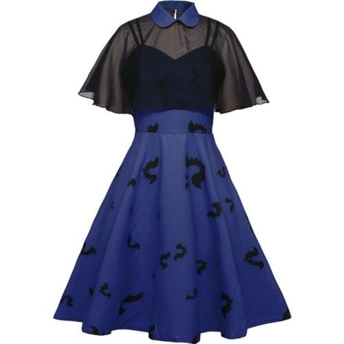 Bat Print Halloween Gothic High Waist Dress Mesh Cloak Sleeve Chiffon Cape Two Piece Midi Dress Women Vintage Goth Party Gown