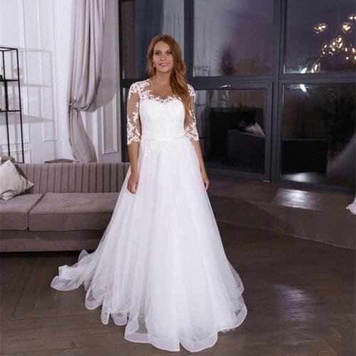 Half Sleeves Wedding Dresses 2021 Boho O Neck Lace Appliques Beach Ivory Bridal Gowns Princess Puffy Robe Vestido De Noiva
