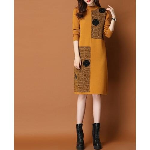 2021 Women Thicken Knit Dress Autumn Winter Loose Vintage All-match Half High Neck Casual Elegant Sweater Dress Female Vestidos