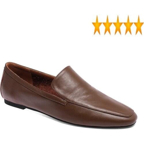 100% Cowhide Genuine Leather Luxury Women Office Square Toe Casual Flat Shoes England Style Loafers Brown Mocassin Femme