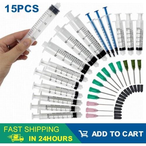 15pcs Syringes Set 14/16/20GA Blunt Tip Needle with Caps Luer Slip Syringe Glue Applicator Multi Refilling and Measuring Tool
