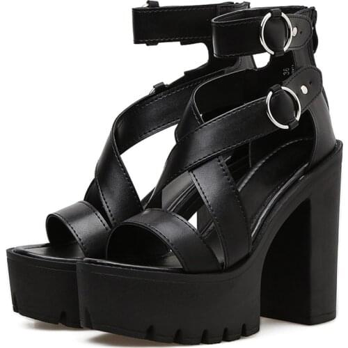 Fashion Solid Platform Women Sandals Summer Shoes Open Toe Rome Style High Heels Fashion Buckle Gladiator Shoe Woman Black Shoes