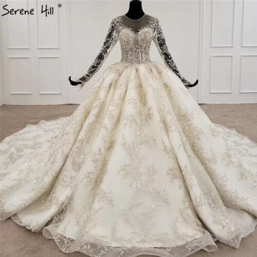 Dubai Luxury Champagne Sexy Wedding Dresses 2020 Long Sleeves Diamond Sequins High-end Bride Gowns HX0086 Custom Made