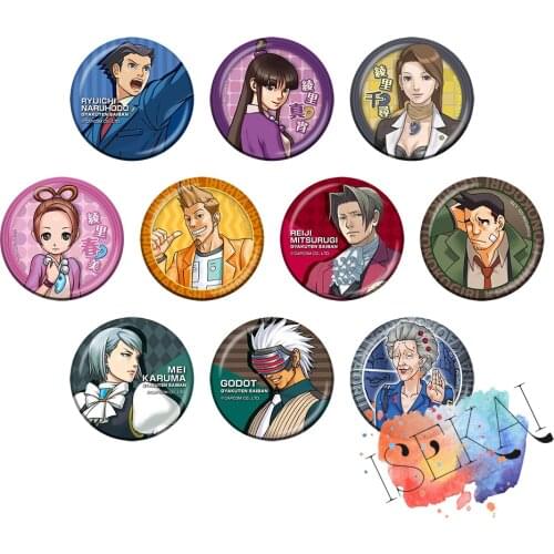 Gyakuten Saiban Game Badge Ace Attorney Phoenix Wright Larry Butz Miles Edgeworth Franziska von Karma Metal Badge Brooch Pin
