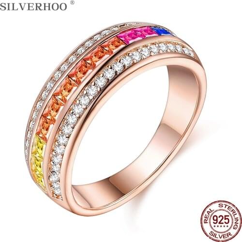 SILVERHOO Ring For Women 925 Sterling Silver Variety Inlay Colorful Zirconia Rings Rainbow Style Engagement Party Fine Jewelry