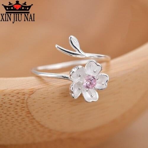 CZ sterling wedding Flower Cherry pink purple blossom romantic valentine Adjustable Ring Woman Sweet Rings Mothers Day Gift